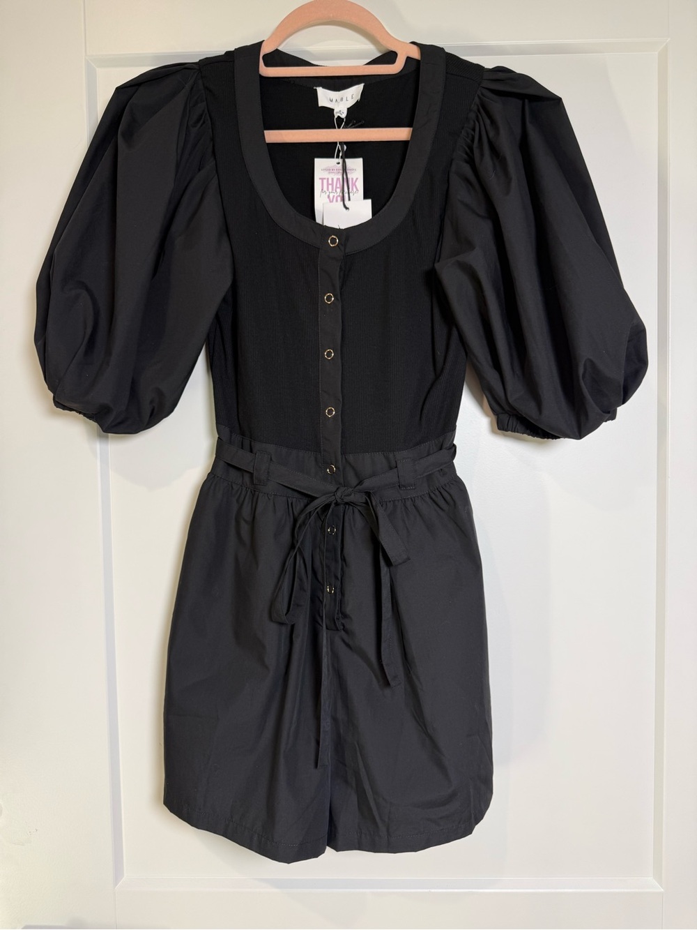 NWT Mable Black Puff Sleeve Romper Tie Waist Rib Knit Bodice Size Small